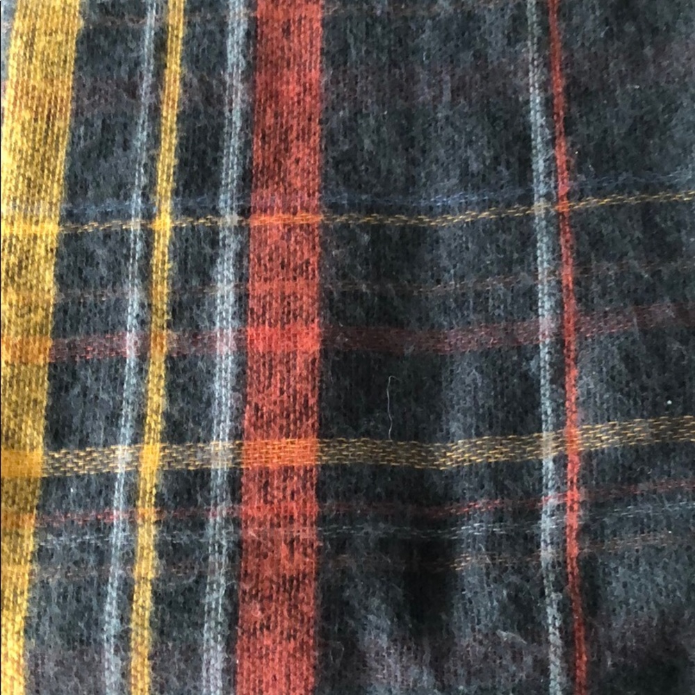 Navy, yellow, and orange plaid blanket scarf